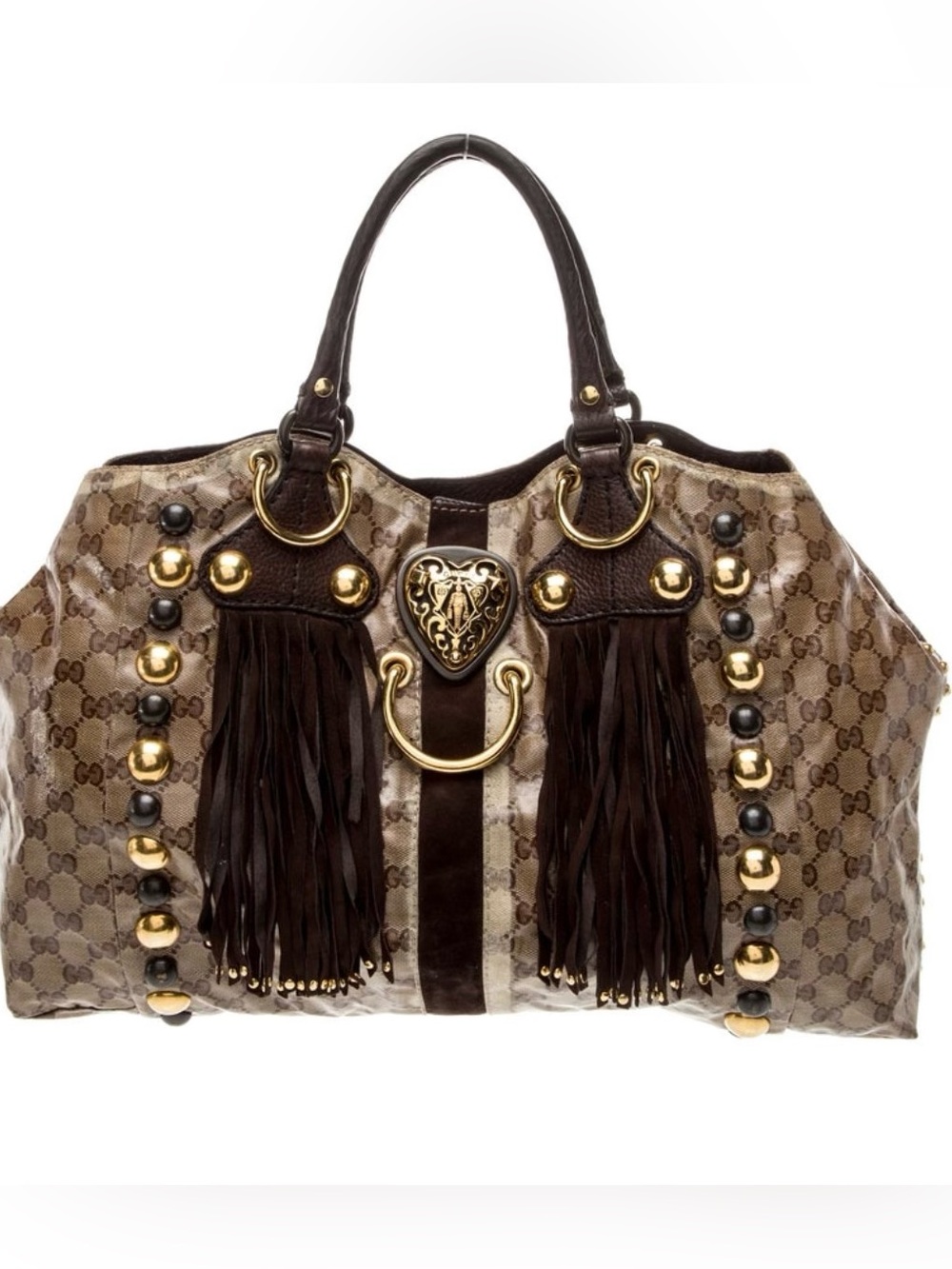 Gucci GG Crystal Babouska Fringe Top Handle Bag - Large Brown - GUC